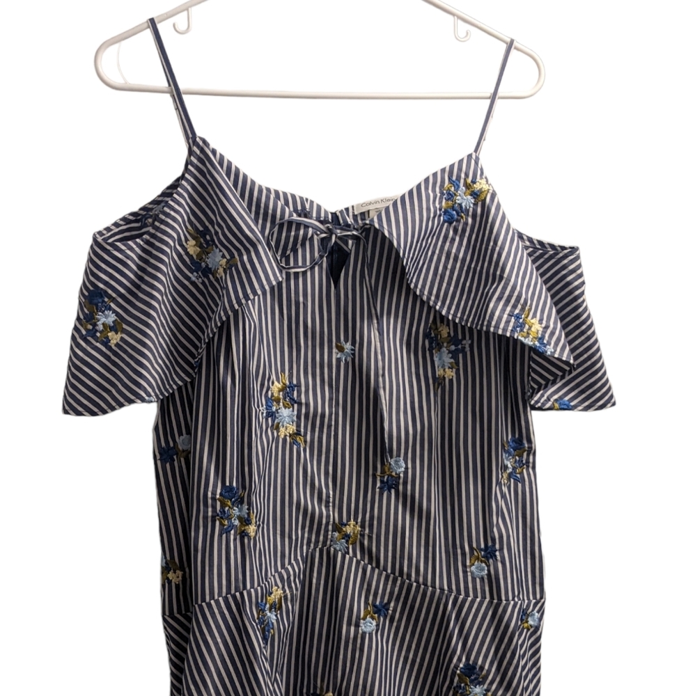 Calvin Klein Cold Shoulder Pin Striped Floral Embroidered Midi Dress 8 - Picture 2 of 4